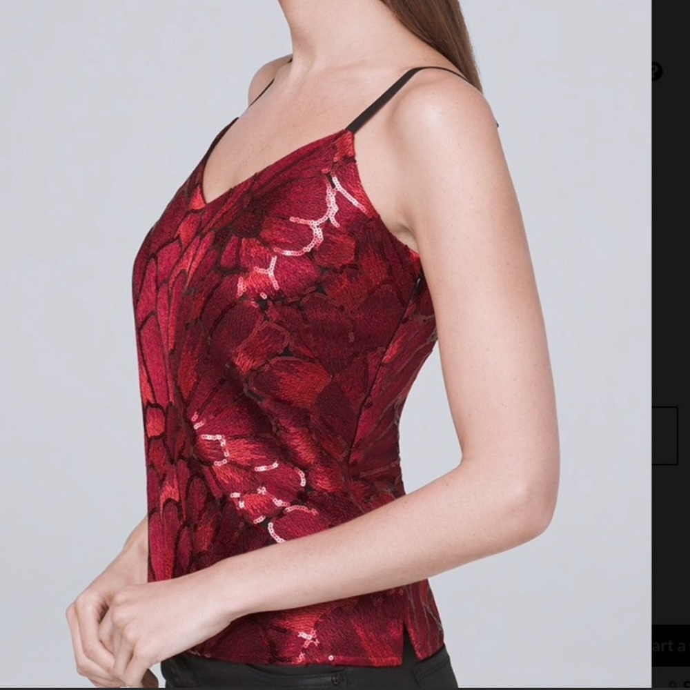 Whbm red sequined top, black underlay, side zip!